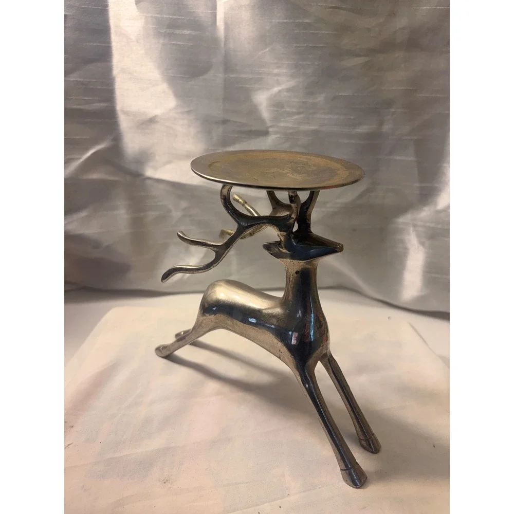 Vintage Silver Tone Metal Reindeer Stag Pillar Candle Holder 6.5 Inch Holiday